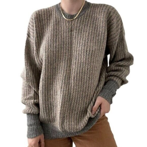Vintage Jaeger 100% Alpaca Grey Tan Striped Soft Oversized Preppy Sweater Sz L - Picture 4 of 8